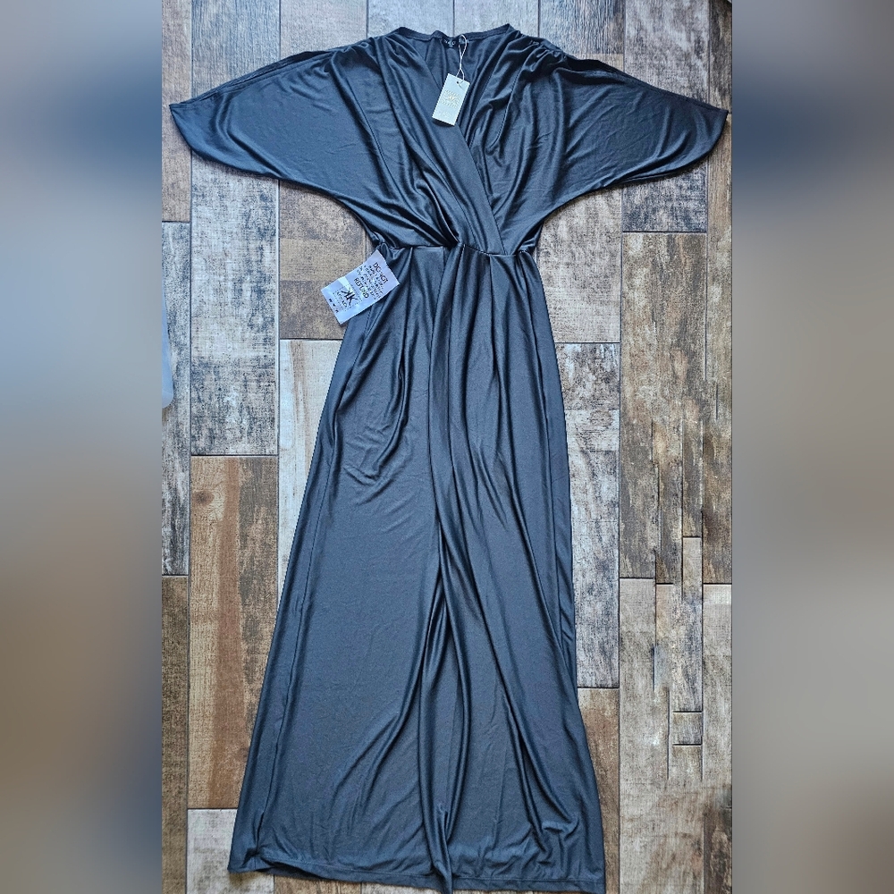 KOH KOH NWT Dark Gray V-Neck Maxi Dress Size Small Stretchy Elegant